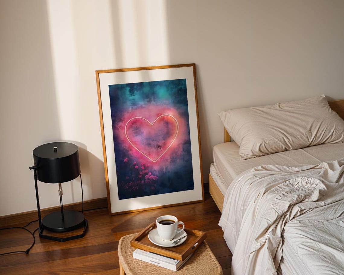Dreamy Neon Pink Heart Glowing Night Sky Love Romantic Art Print - Image 2