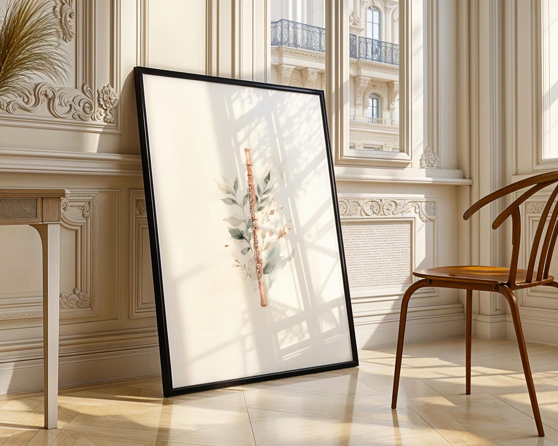 Watercolor Boho Flute With Botanical Leaves Music Gift Poster - Image 4