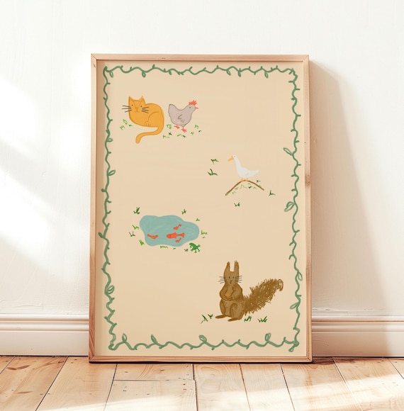 Cute Farm Animals Nursery Poster Kids Room Cat Squirrel Chicken Art