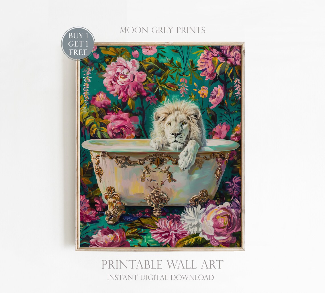 Lion In A Bathtub, Maximalist Oil Painting