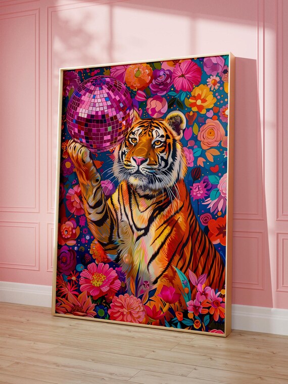 Tiger and Disco Ball, Vivid Maximalist Oil Painting