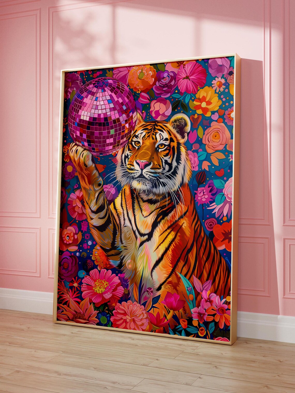 Tiger and Disco Ball, Vivid Maximalist Oil Painting