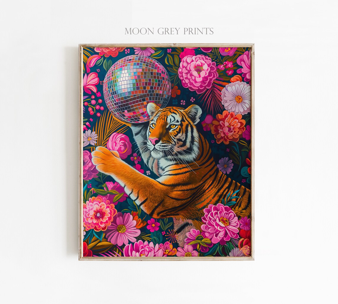 Tiger and Disco Ball, Maximalist Oil Painting - Image 2
