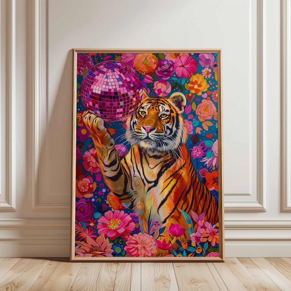 Tiger and Disco Ball, Vivid Maximalist Oil Painting - Image 2