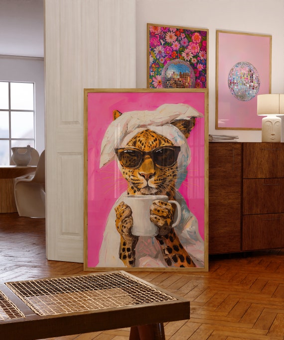 Leopard Drinking Coffee Poster, Maximalist Dining Room