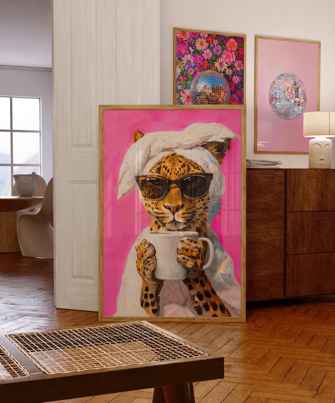 Leopard Drinking Coffee Poster, Maximalist Dining Room