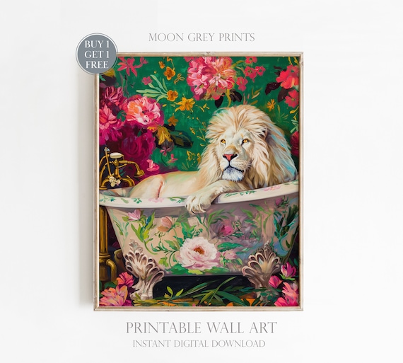 White Lion In Bathtub, Maximalist Oil Painting