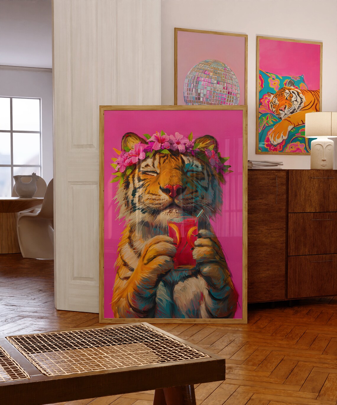 Tiger And Cocktail Maximalist Oil Painting Poster - Image 4