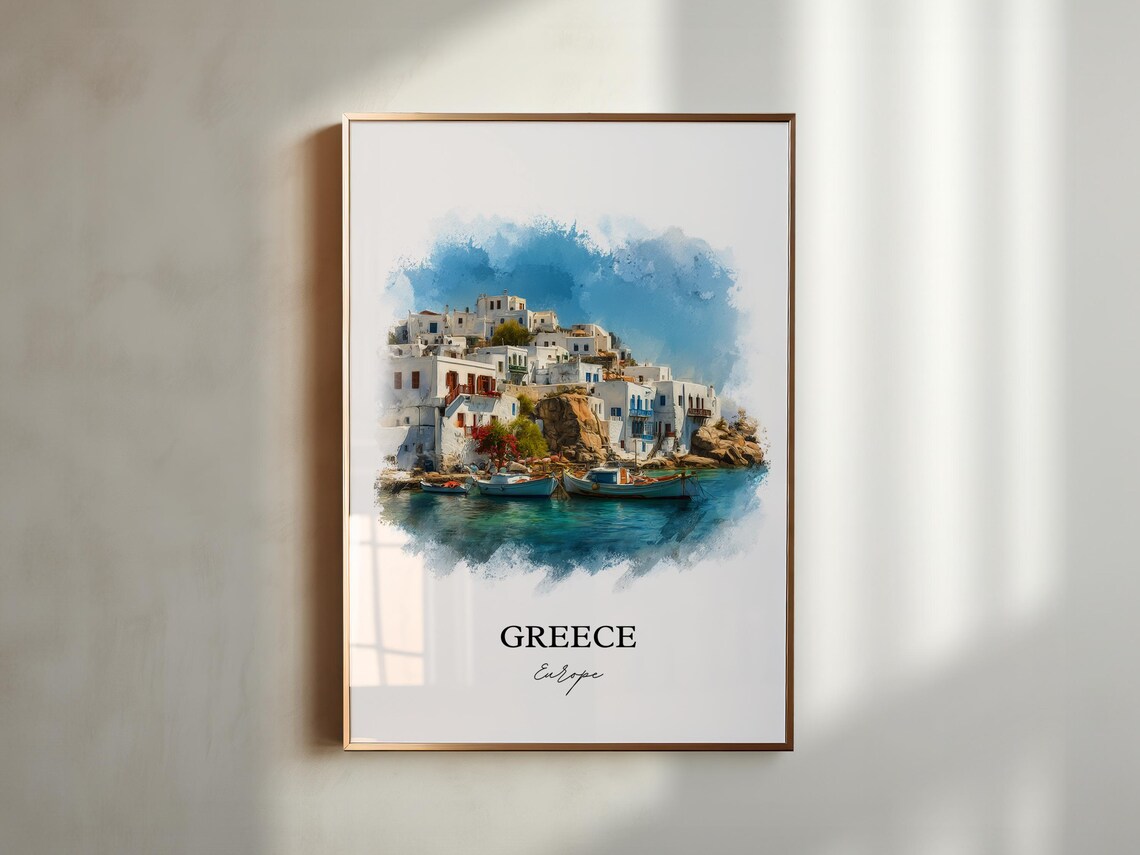 Greece Whitewashed Island Village Watercolor Fishing Boats Poster - Image 5