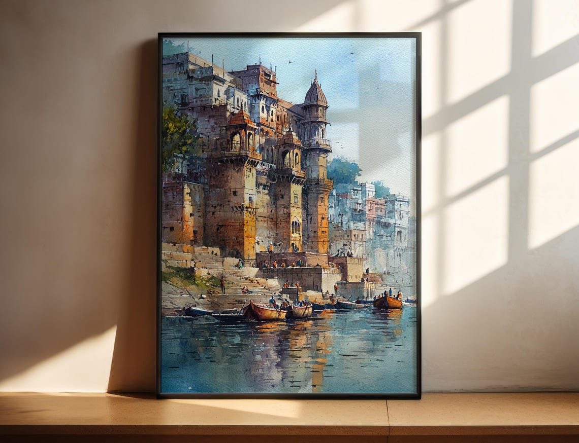 Varanasi India Ganges River Ghats Scene Watercolor Travel Print