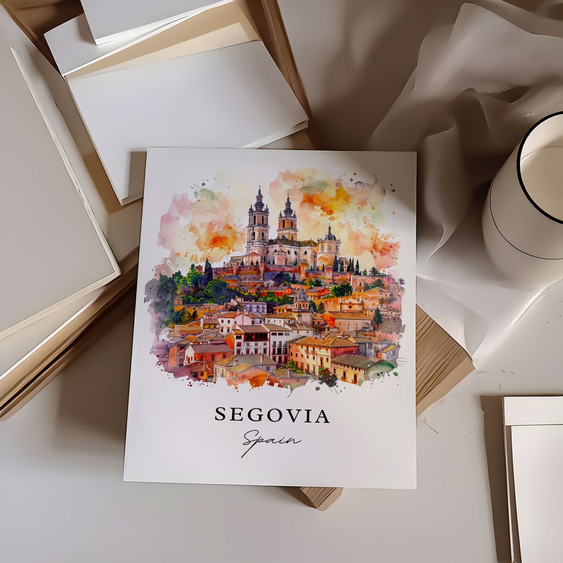 Segovia Spain Watercolor Cathedral Hill Terracotta Roofs Poster - Image 6