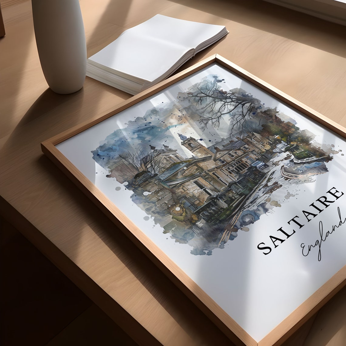 Saltaire England Historic Stone Village Watercolor Travel Poster - Image 5
