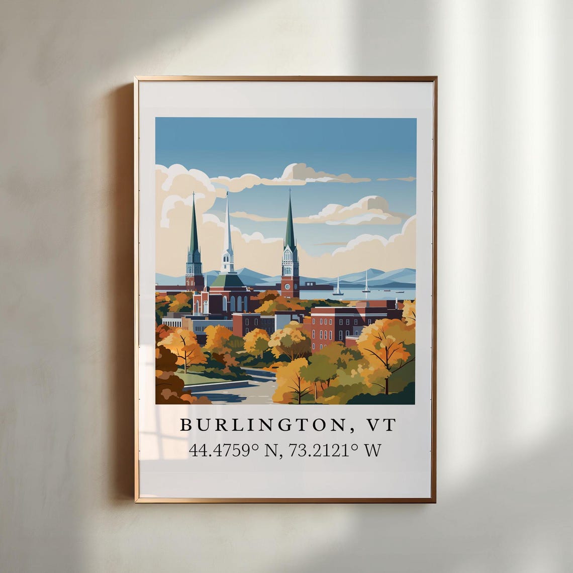Burlington Vermont Church Spires Lake Champlain Vintage Style Poster
