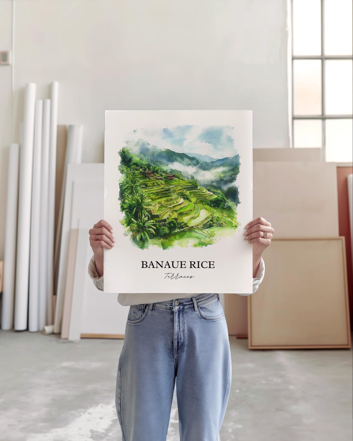 Banaue Rice Terraces Philippines Emerald Watercolor Travel Poster - Image 3