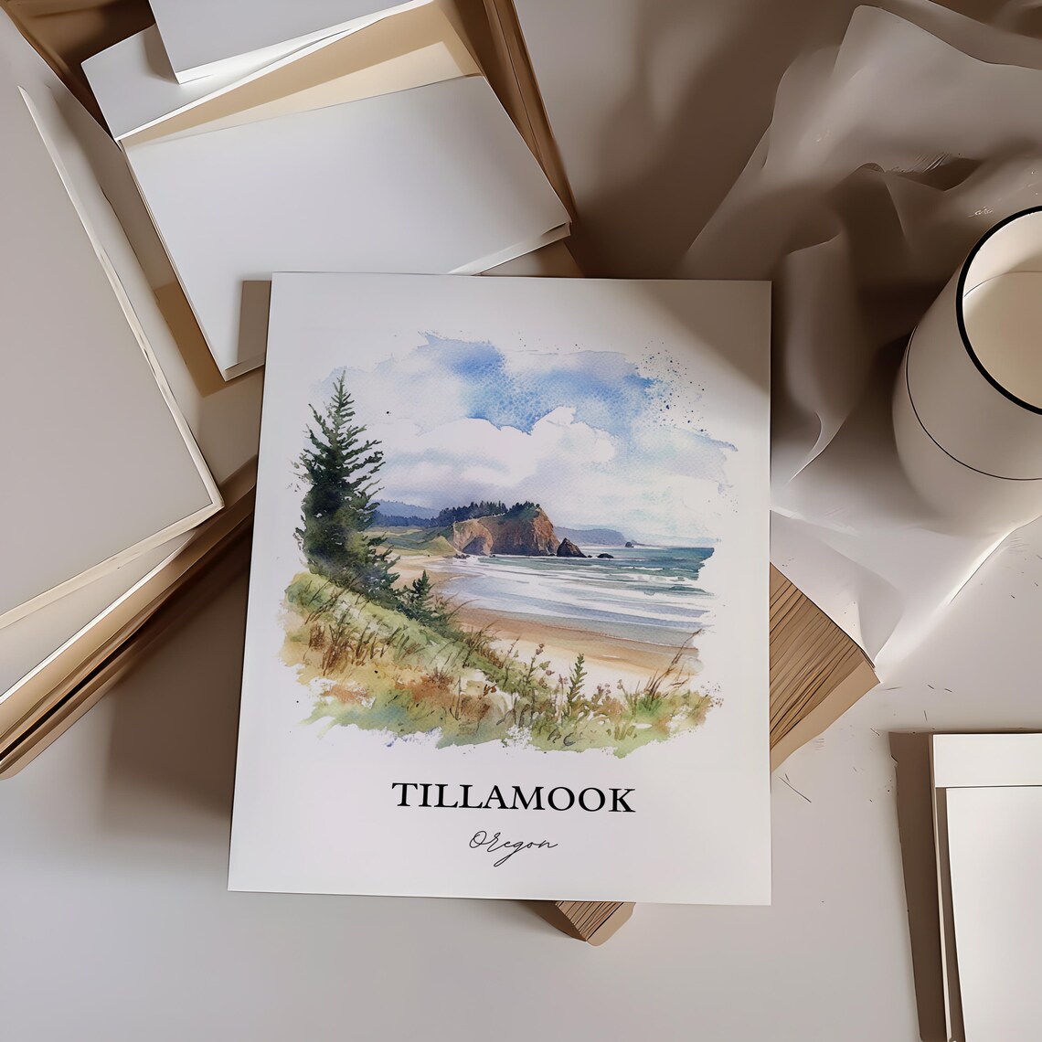 Tillamook Oregon Coast Beach Cliffs Watercolor Travel Poster - Image 2