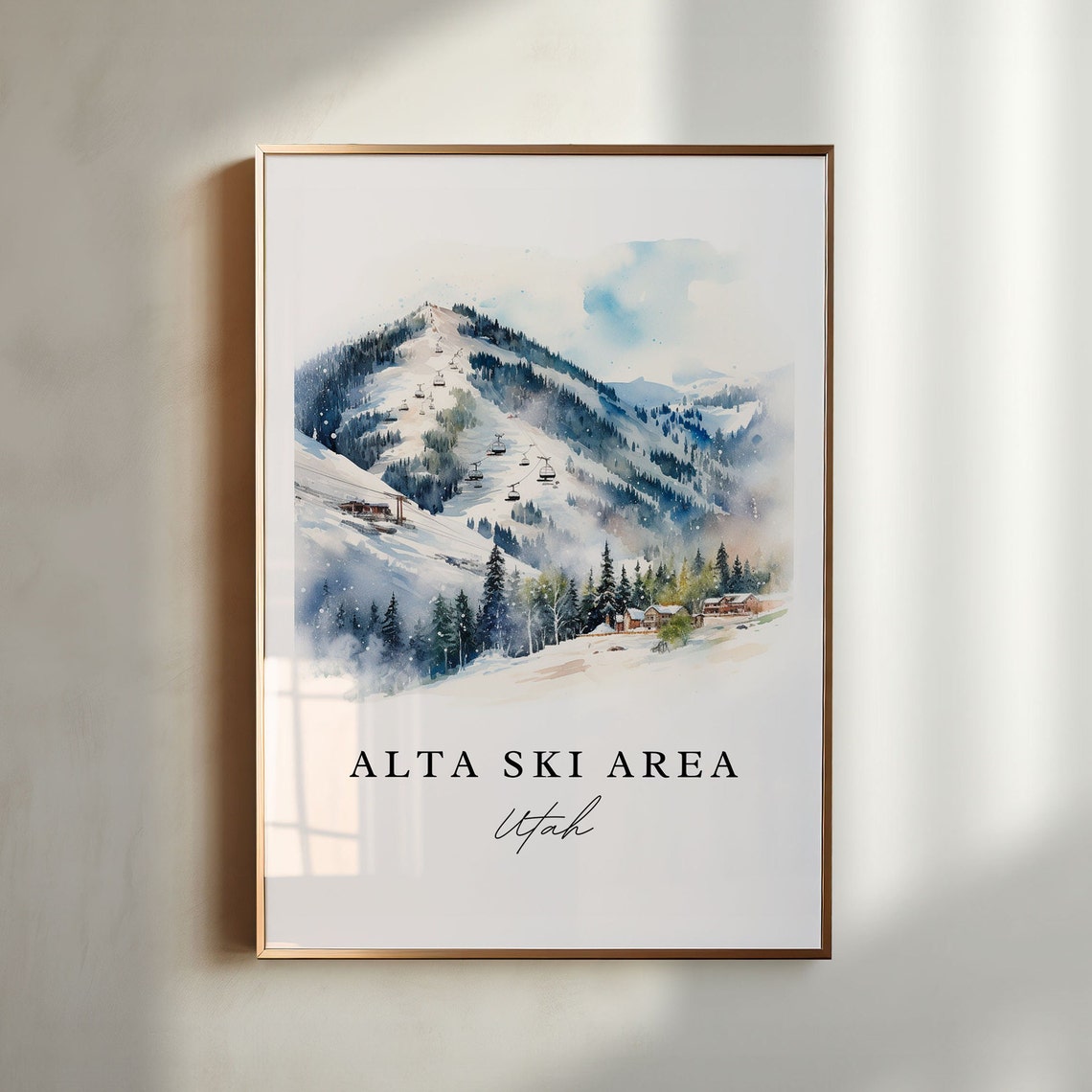 Alta Ski Area Utah Watercolor Snowy Mountain Ski Resort Poster