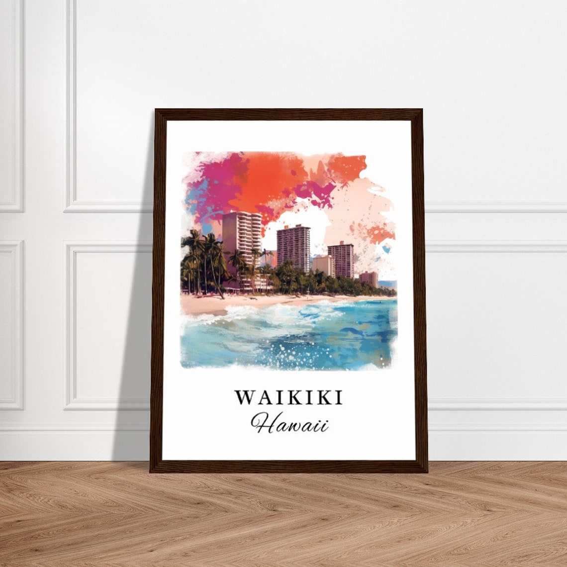 Waikiki Hawaii Beach Watercolor Palm Trees Ocean Sunset Scene Poster