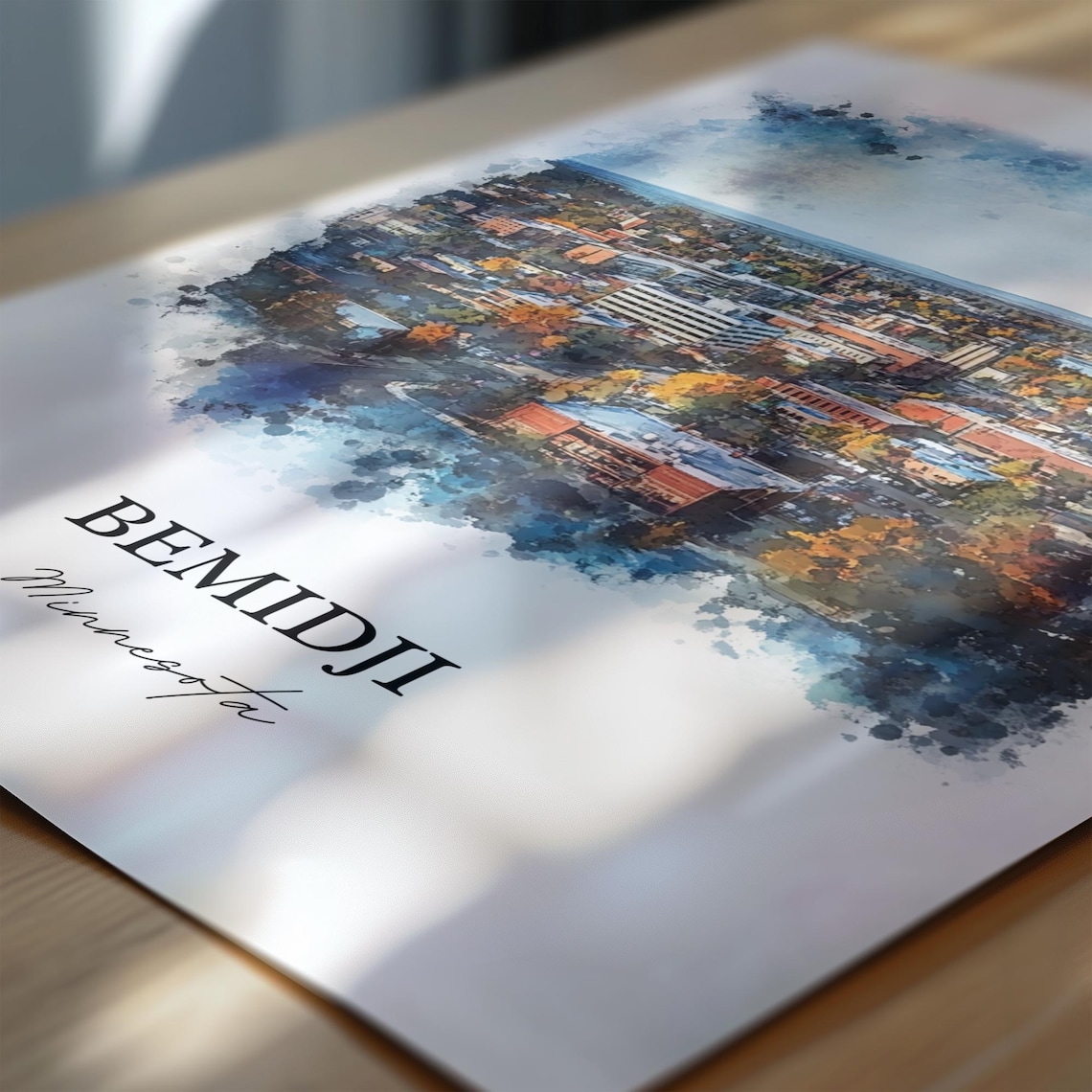 Bemidji Minnesota Aerial Downtown Autumn Trees Watercolor Poster - Image 6