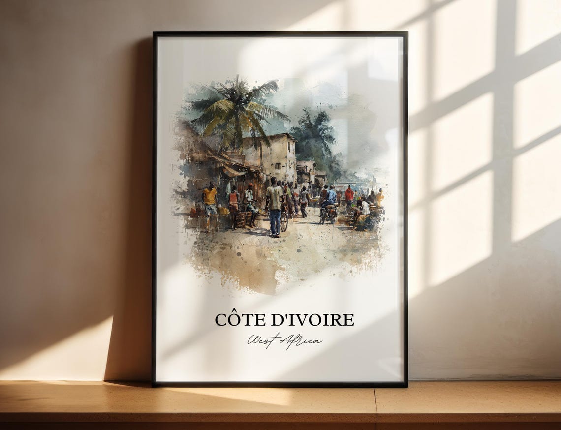 Côte d'Ivoire West Africa Market Street Watercolor Travel Poster