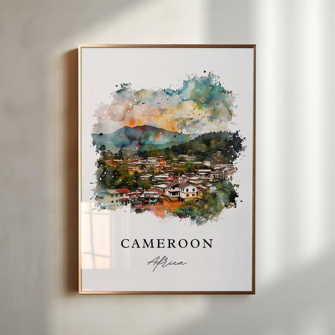 Cameroon Africa Watercolor Hillside Village Mountain Art Print