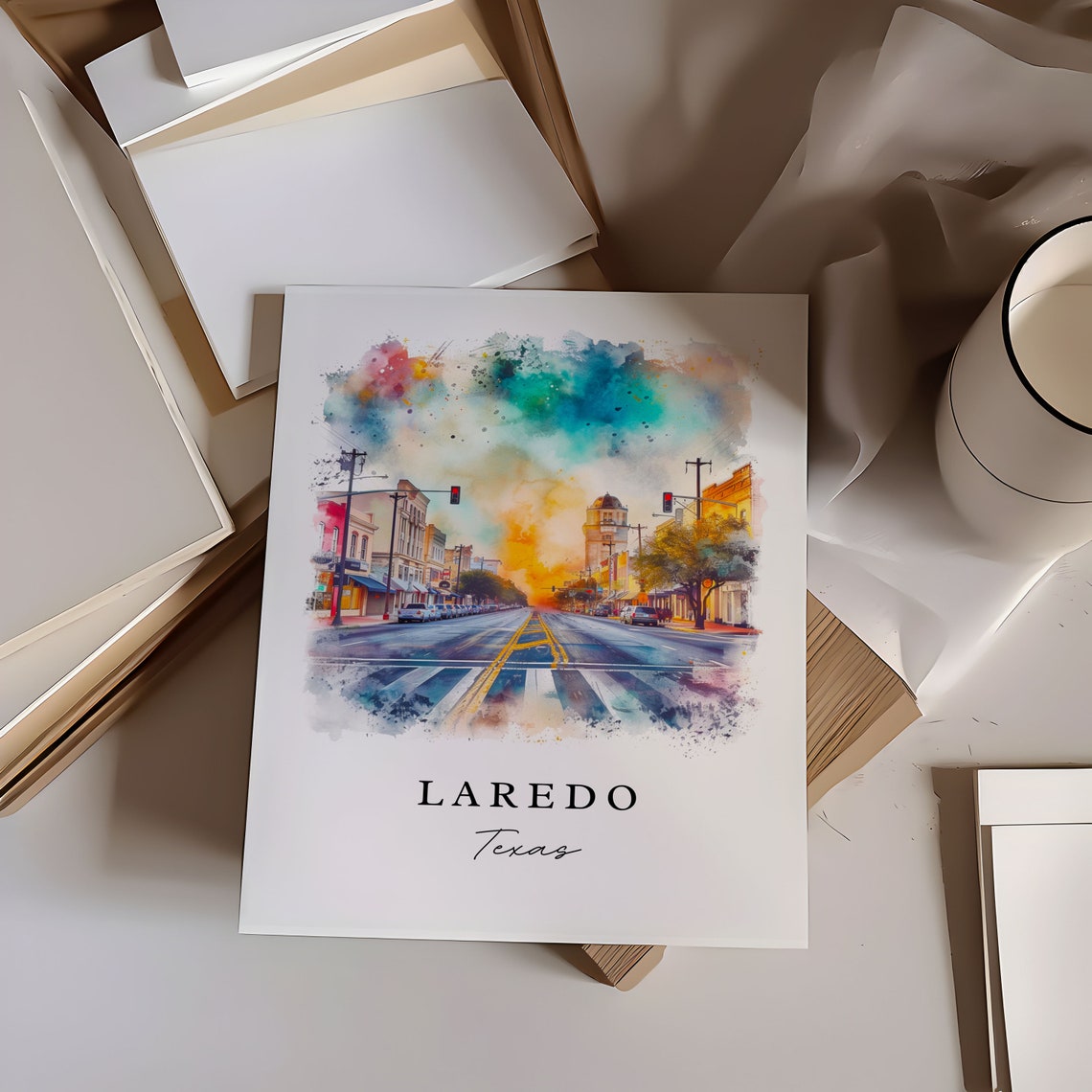 Laredo Texas Golden Downtown Street Clock Tower Watercolor Poster - Image 5