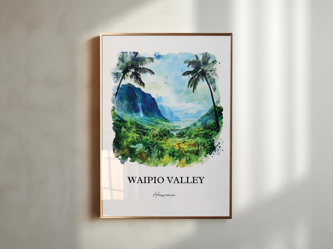 Waipio Valley Hawaii Palm Framed Lush Cliffs Watercolor Travel Poster - Image 4