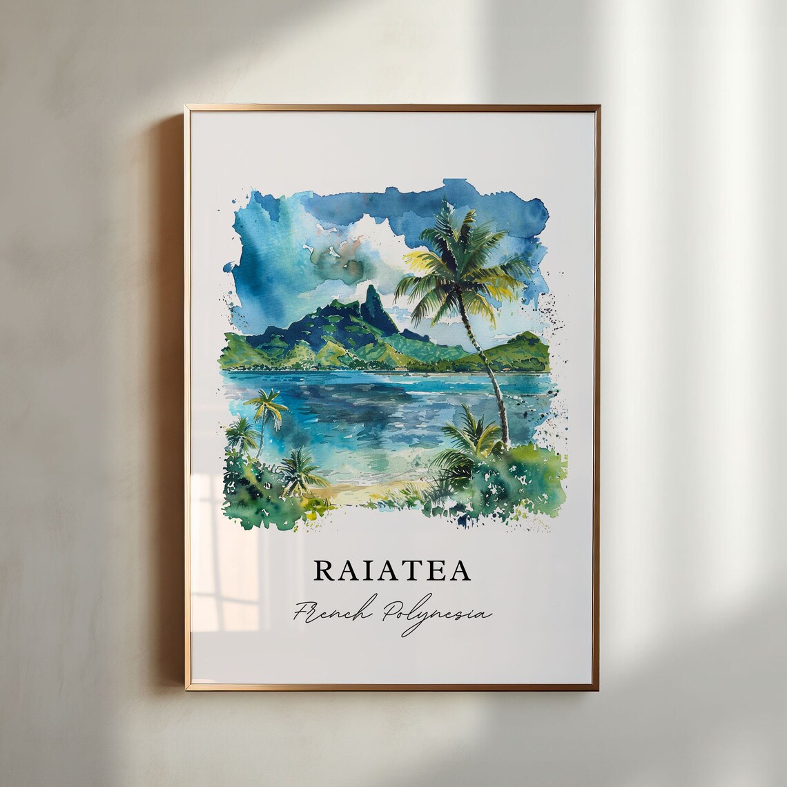 Raiatea French Polynesia Palm Beach Mountain Watercolor Art Poster