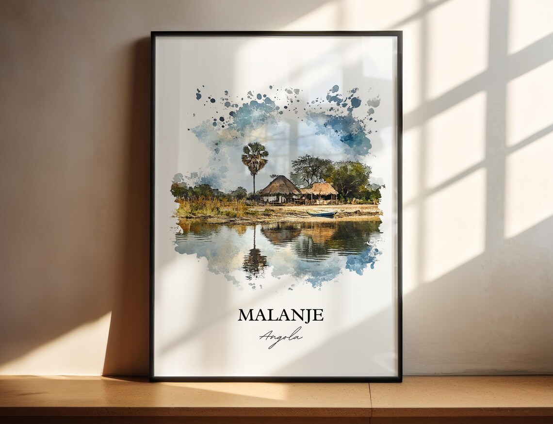 Malanje Angola Riverside Thatched Huts Palm Watercolor Poster