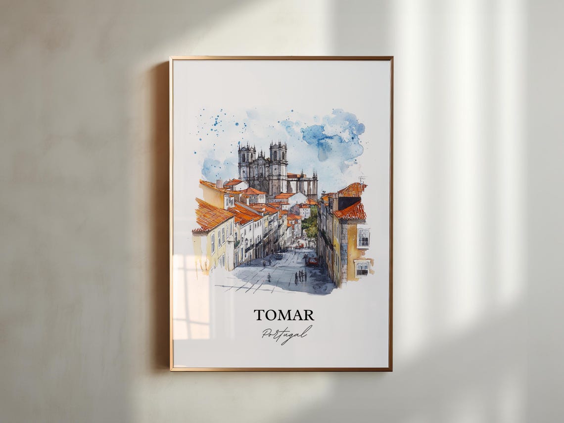 Tomar Portugal Watercolor Old Town Street Gothic Church Poster - Image 4
