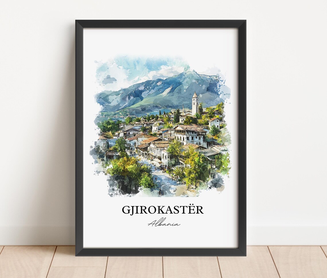 Gjirokastër Albania Historic Hill Town Watercolor Travel Poster - Image 3