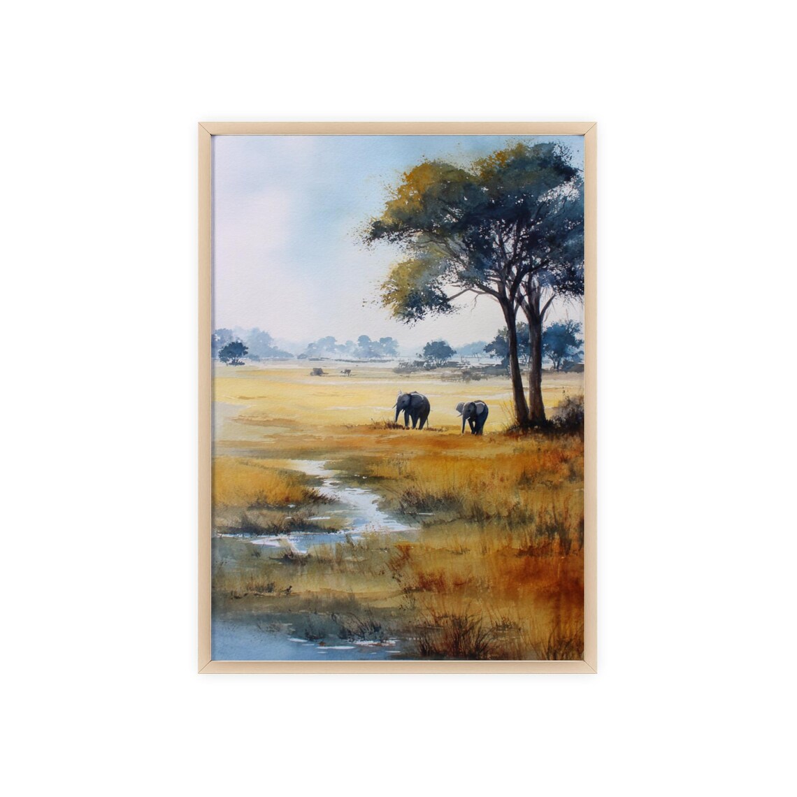 Elephants at the Waterhole African Savanna Watercolor Landscape Poster