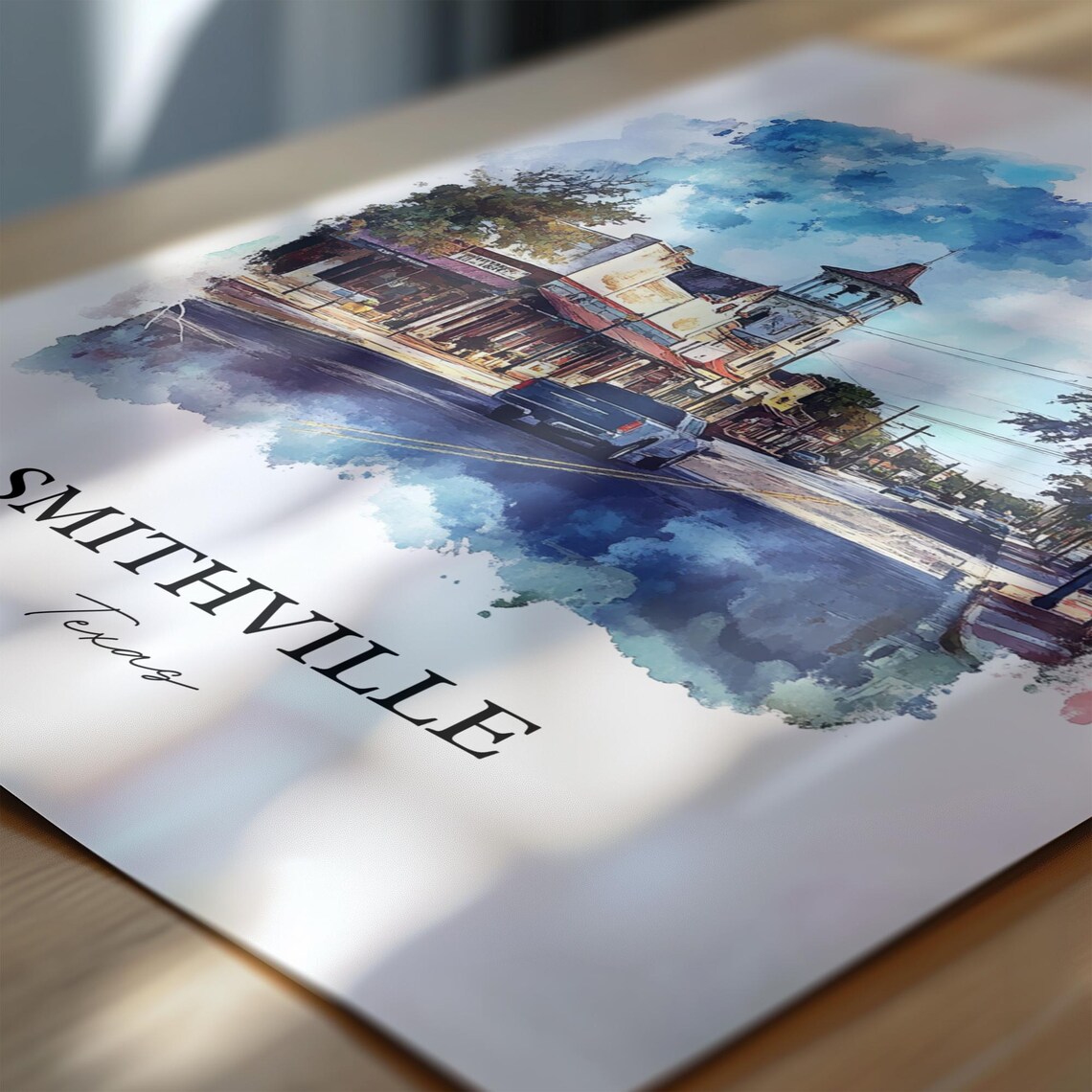 Smithville Texas Bell Tower Street Watercolor Travel Gift Poster - Image 6
