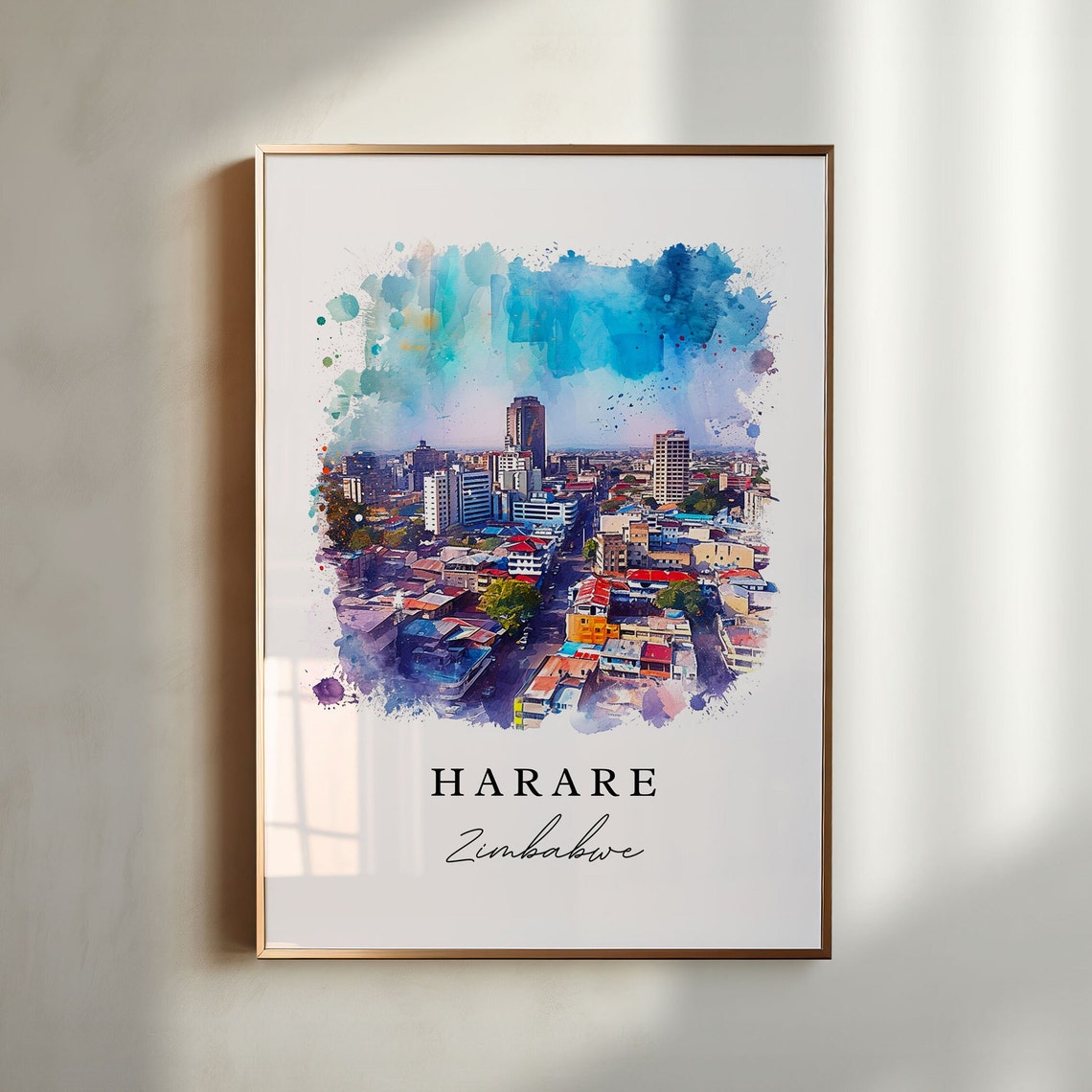 Harare Zimbabwe Watercolor City Skyline Modern Travel Poster