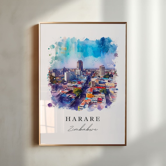 Harare Zimbabwe Watercolor City Skyline Modern Travel Poster