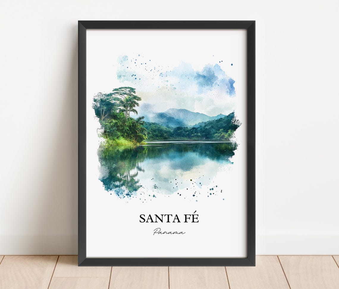 Santa Fe Panama Watercolor Mountain Lake Reflection Travel Poster - Image 2