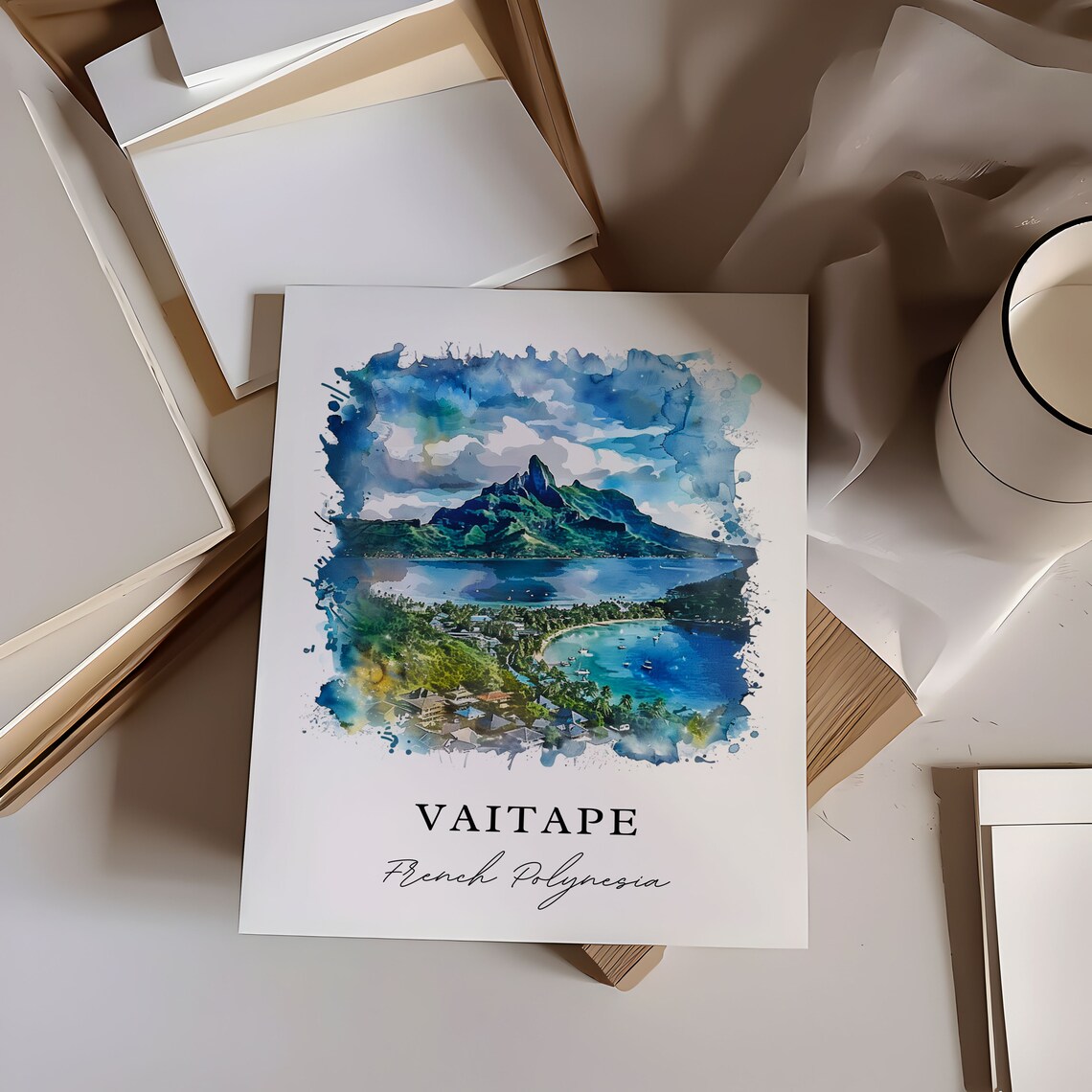 Vaitape French Polynesia Lagoon Mountain Bay Watercolor Art Poster - Image 6