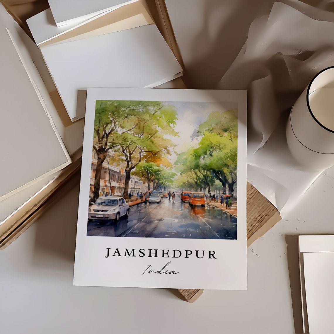 Jamshedpur India Watercolor Rainy Tree Lined Street Art Poster - Image 5