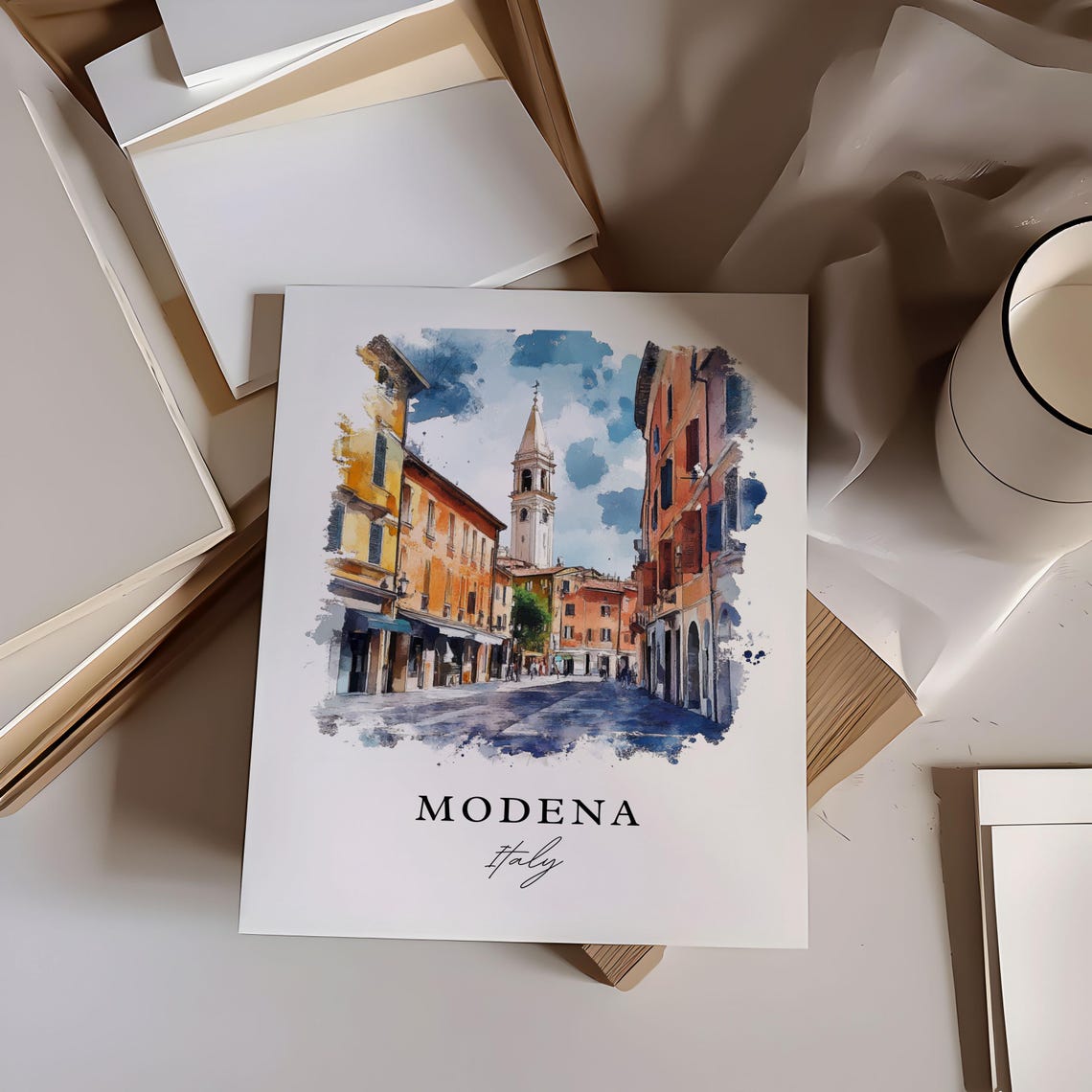 Modena Italy Historic Old Street Bell Watercolor Travel Poster - Image 6