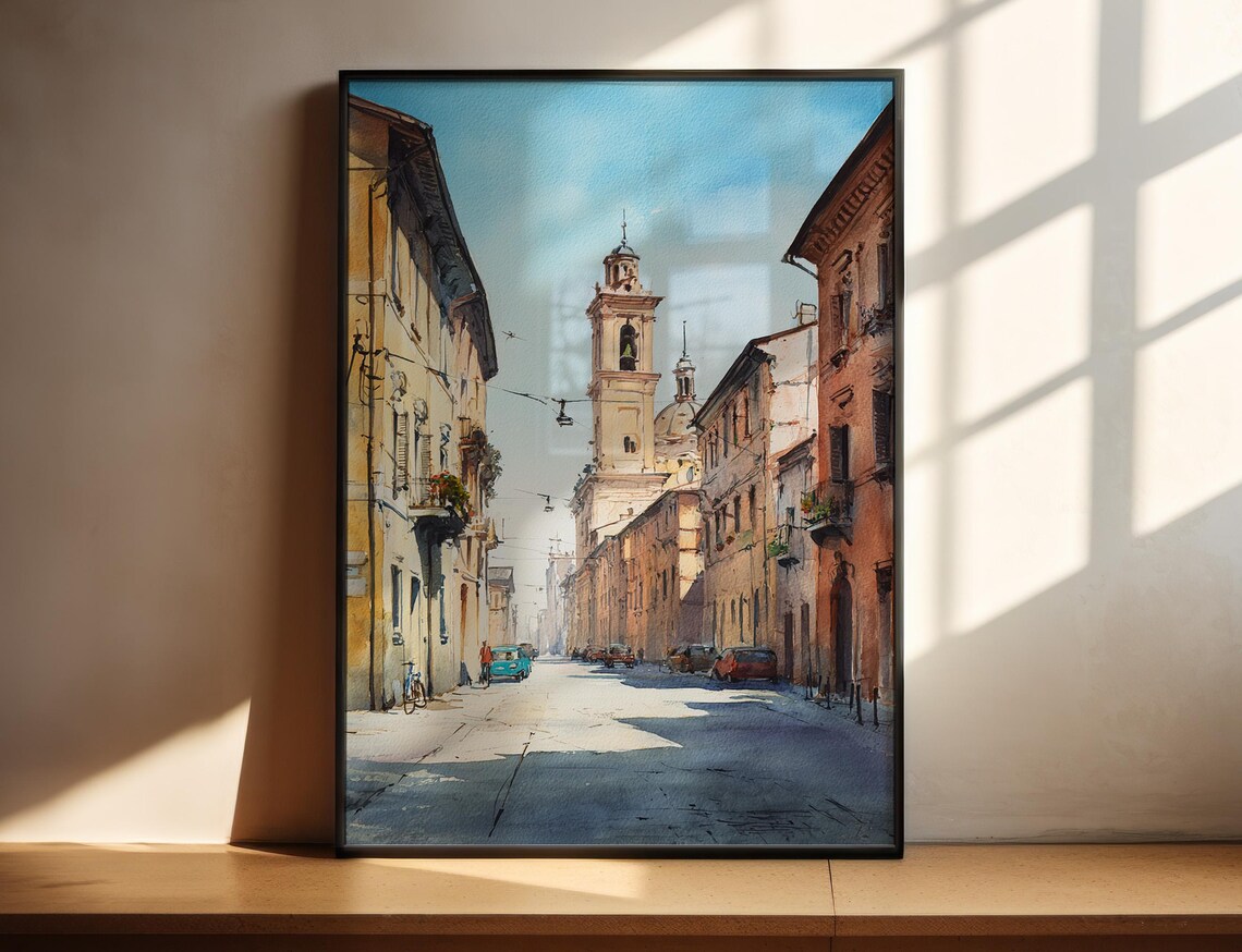 Parma Italy Historic Bell Tower Church Street Watercolor Poster