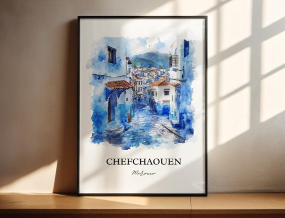Chefchaouen Wall Art Blue City Morocco Print Watercolor Gift Travel Poster Housewarming