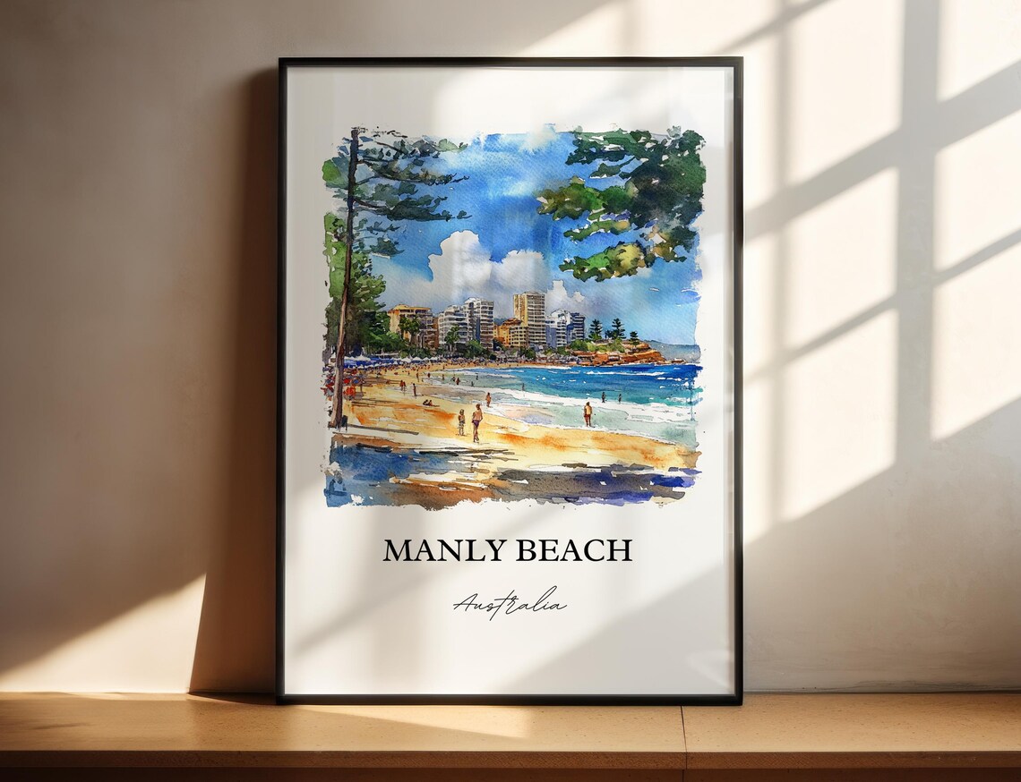 Manly Beach Australia Surf Sand Norfolk Pines Watercolor Travel Poster - Image 4