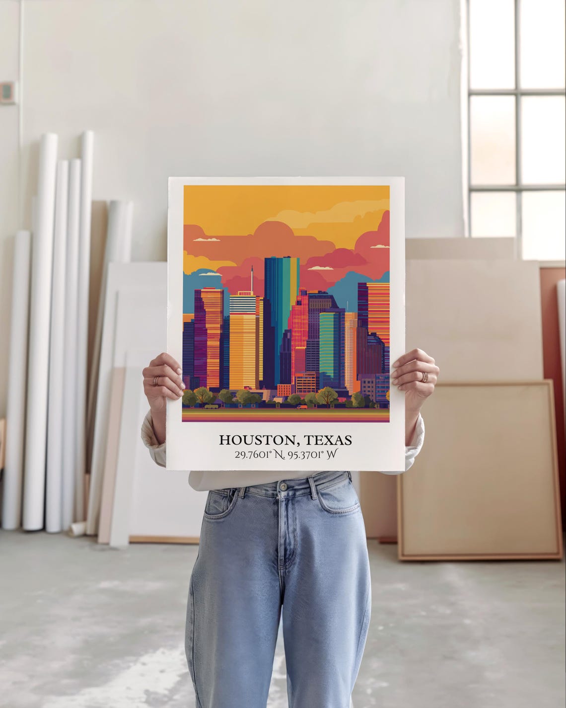 Houston Texas Colorful Downtown Skyline Sunset Clouds Travel Poster - Image 5