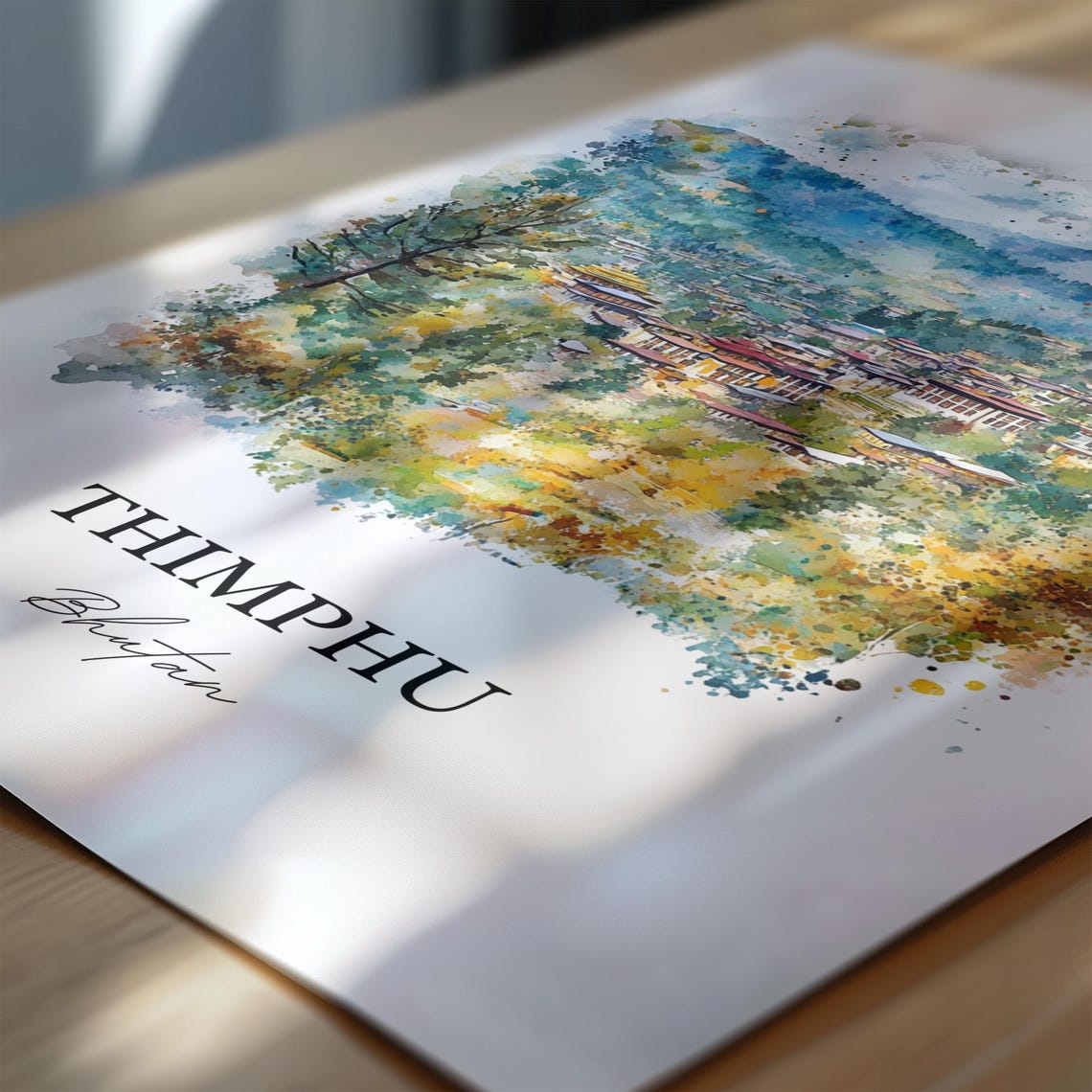Thimphu Bhutan Watercolor Mountain Valley Town Himalayan Scene Poster - Image 6
