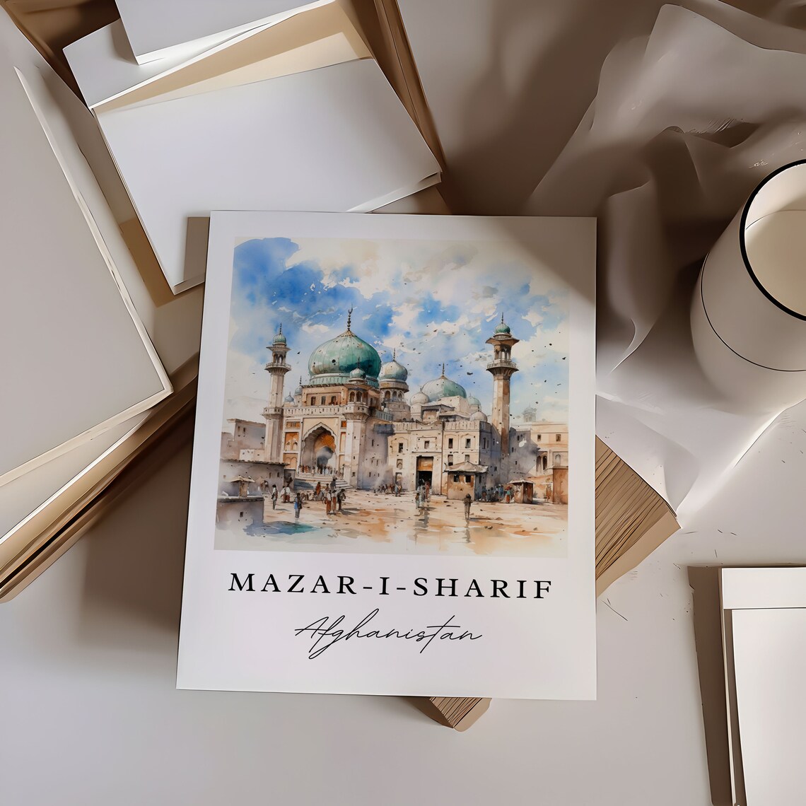 Mazar I Sharif Afghanistan Watercolor Blue Mosque Domes Minarets Poster - Image 5