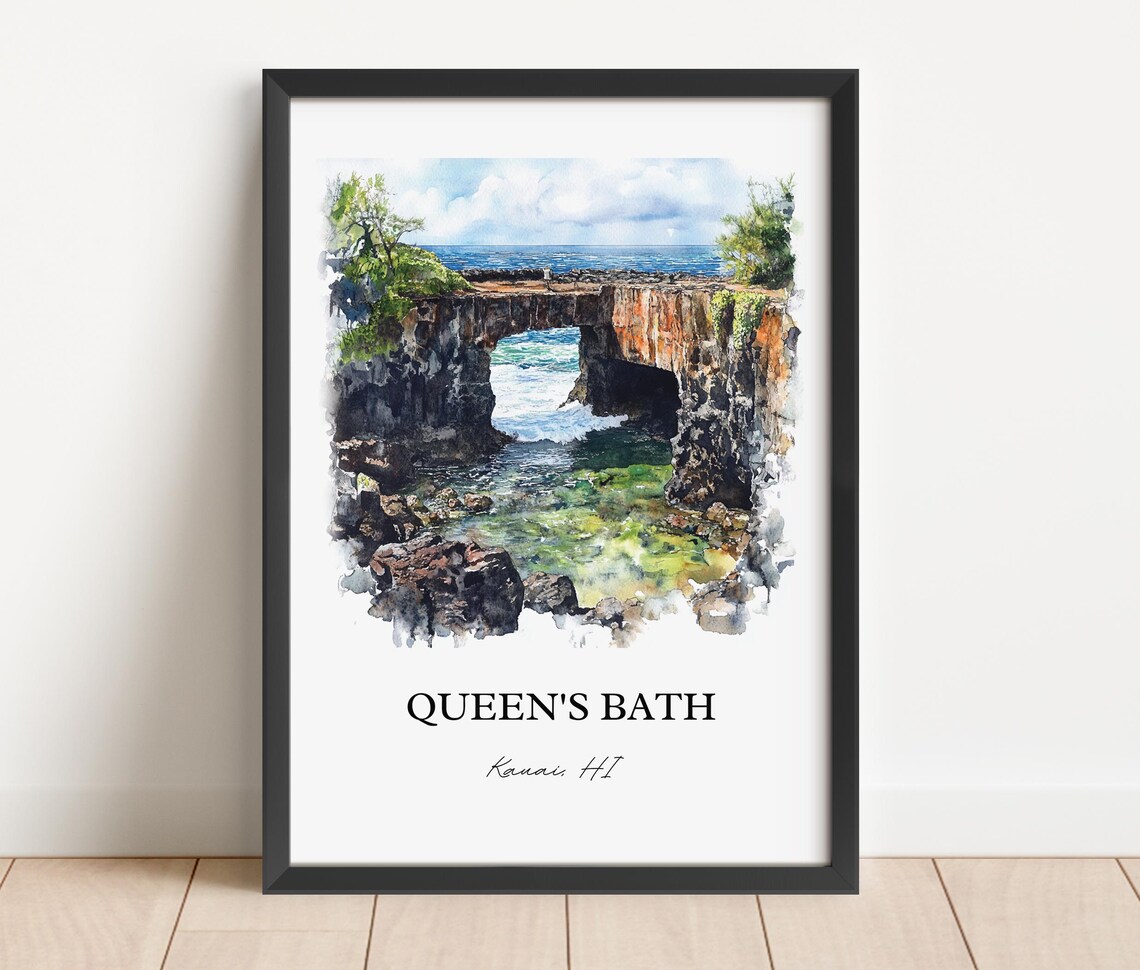 Queens Bath Kauai Hawaii Lava Rock Tide Pool Watercolor Poster - Image 5