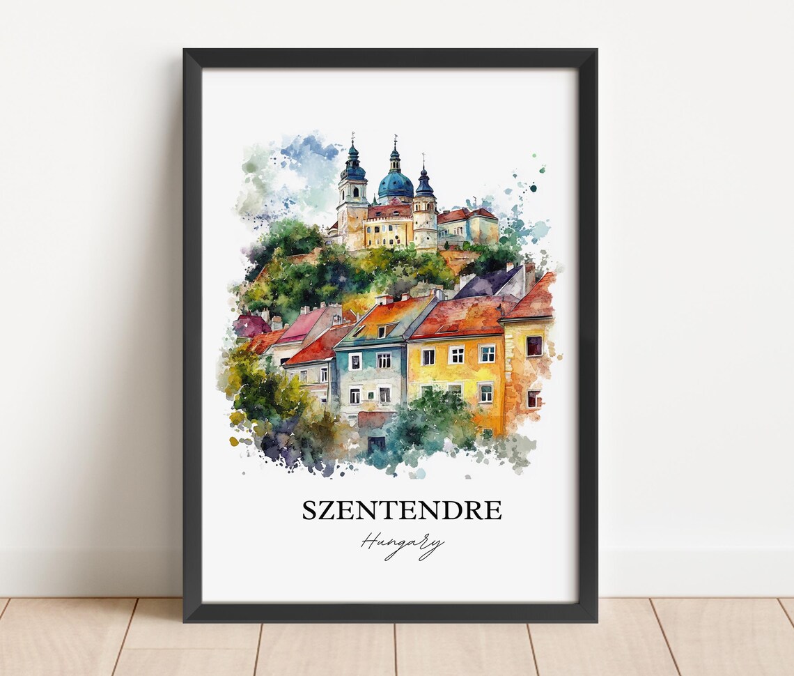 Szentendre Hungary Watercolor Hilltop Church Colorful Houses Poster - Image 2