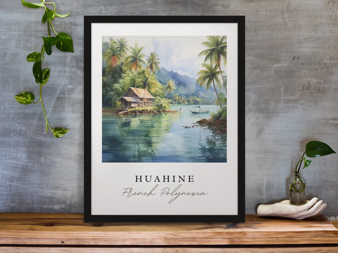 Huahine French Polynesia Watercolor Island Lagoon Sailboat Art Poster - Image 3
