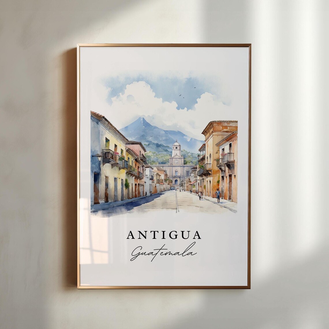 Antigua Guatemala Watercolor Colonial Street Volcano View Poster
