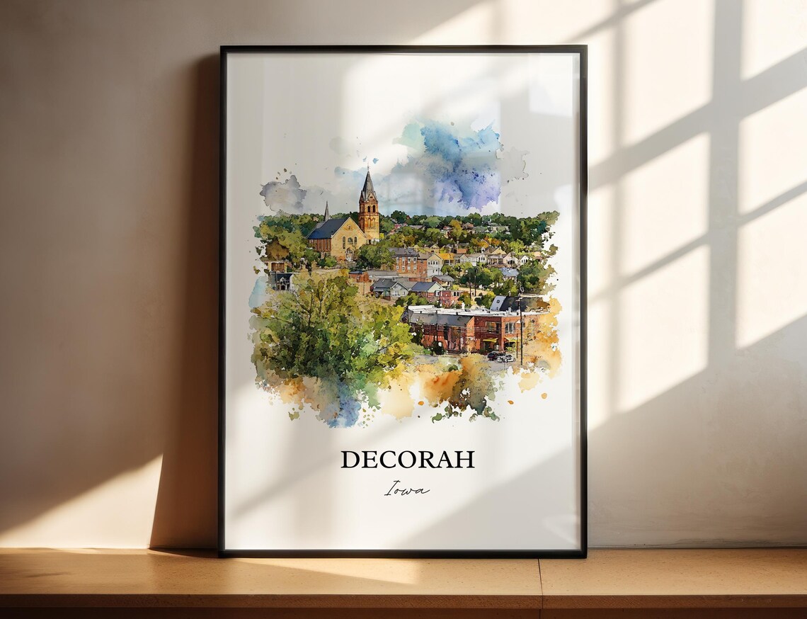Decorah Iowa Church Spire Overlooking Town Watercolor Travel Poster