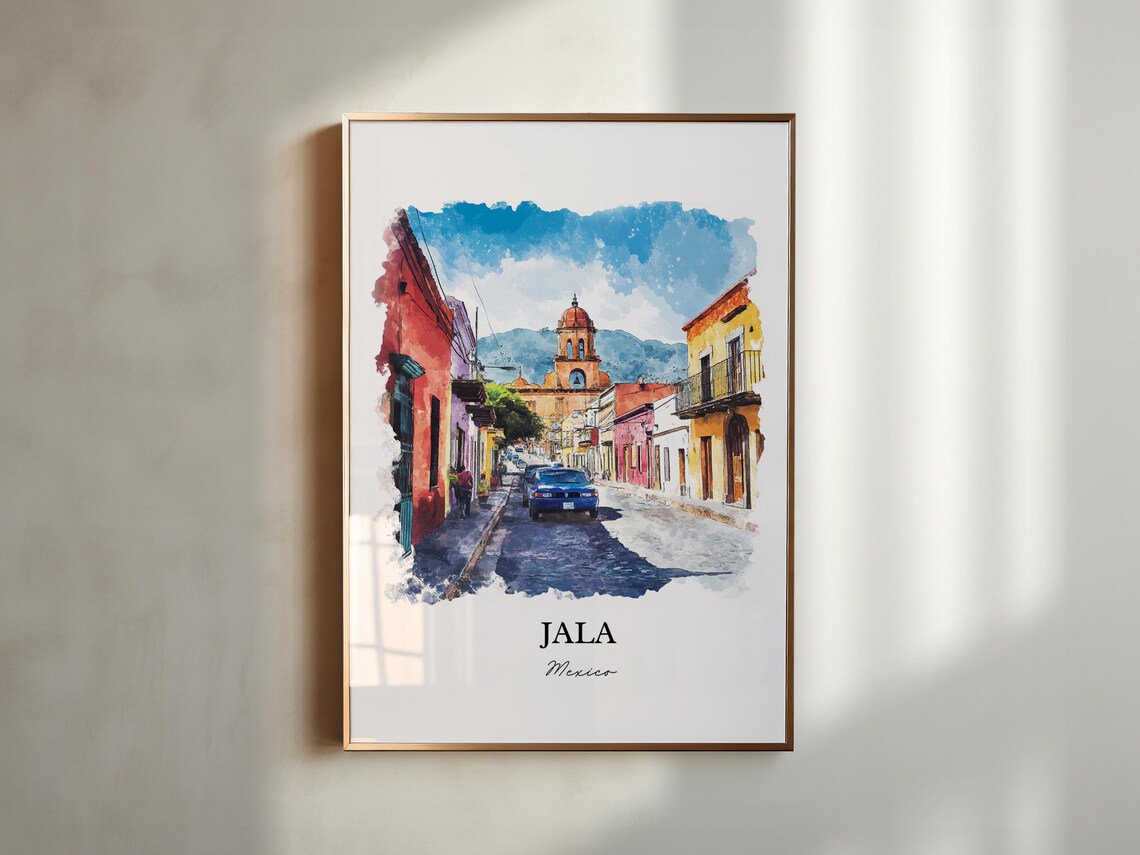 Jala Mexico Colorful Street Church Dome Watercolor Travel Poster - Image 2